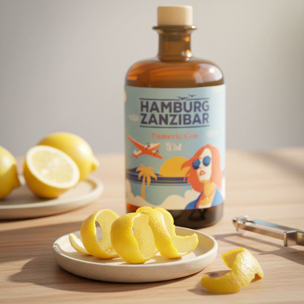 Flasche Sky Gin auf Holztisch mit Zitronenzesten