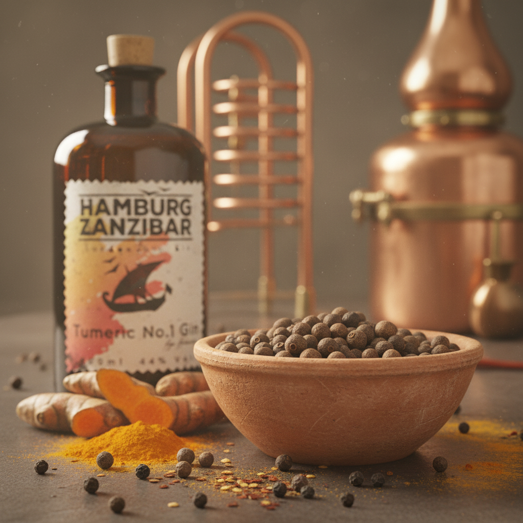 Flasche Nashi Gin mit Piment auf Tisch