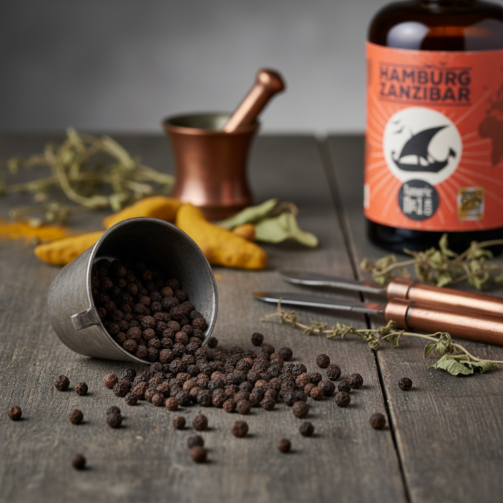 Flasche Gin und Kubeben Pfeffer auf einem Holztisch