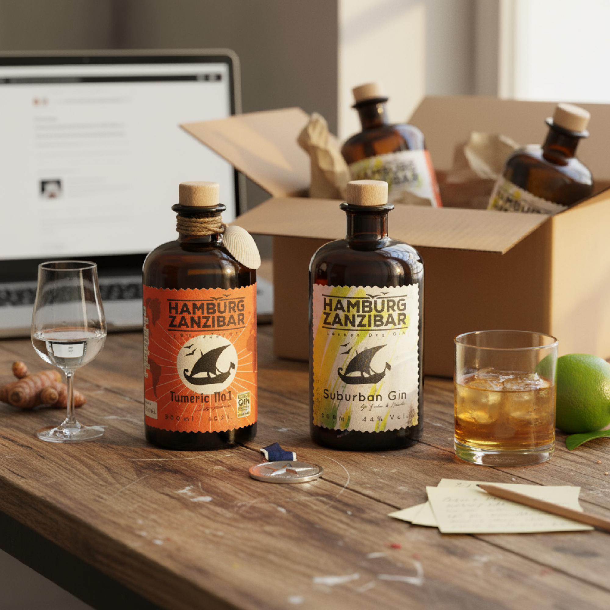 Tumeric Gin und Suburban Gin auf einem Holztisch