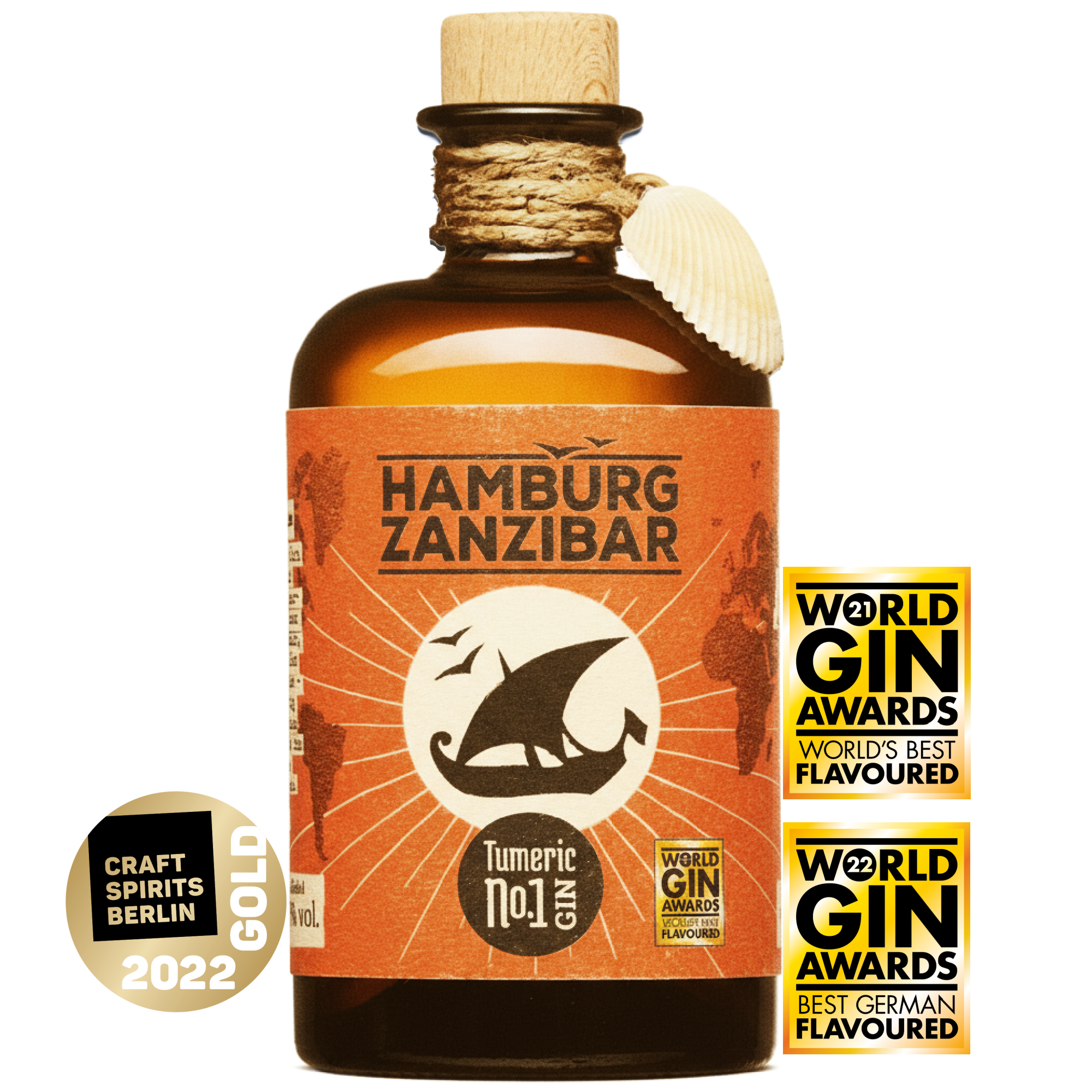 Flasche Gin HAMBURG ZANZIBAR mit Muschel und Auszeichungen , WOrld Gin Award und Craft Spirit Award Berlin