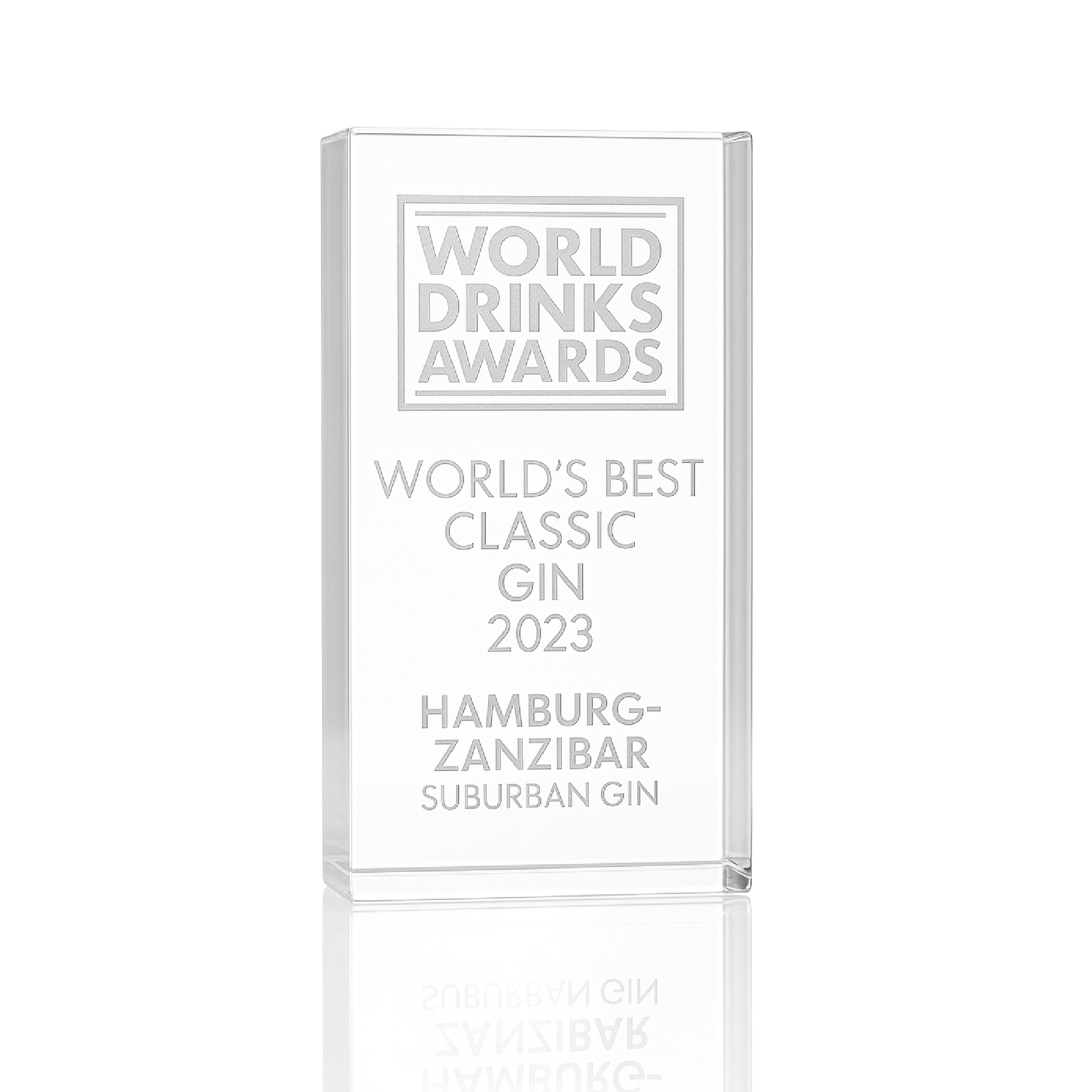 Trophäe World Drinks Awrds aus Glas. Suburban Gin