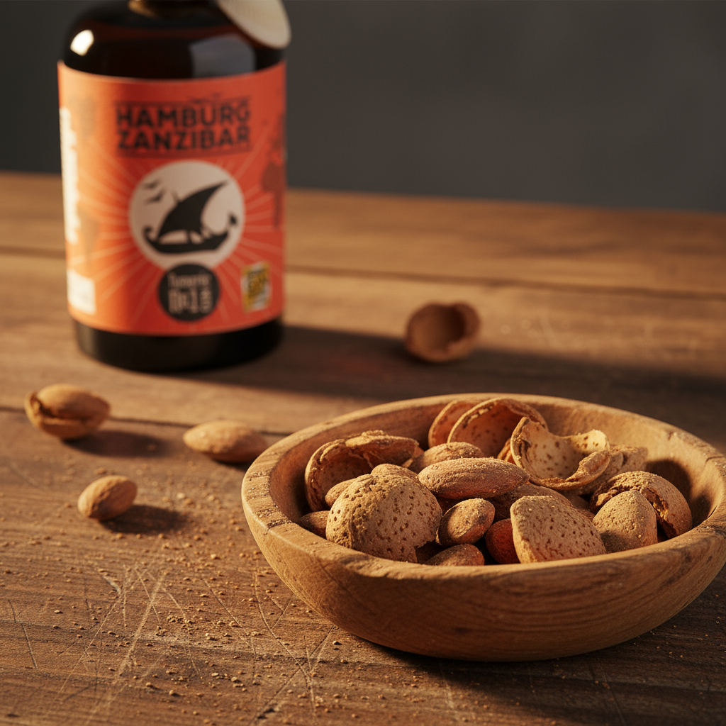 Flasche Gin mit Schale Mandeln auf Holztisch.