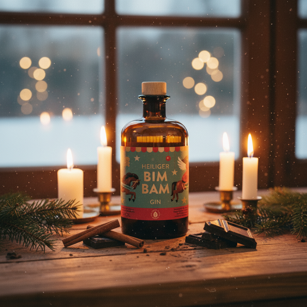 Heiliger Bim Bam Gin mit Schokolade und Zimt auf Tisch